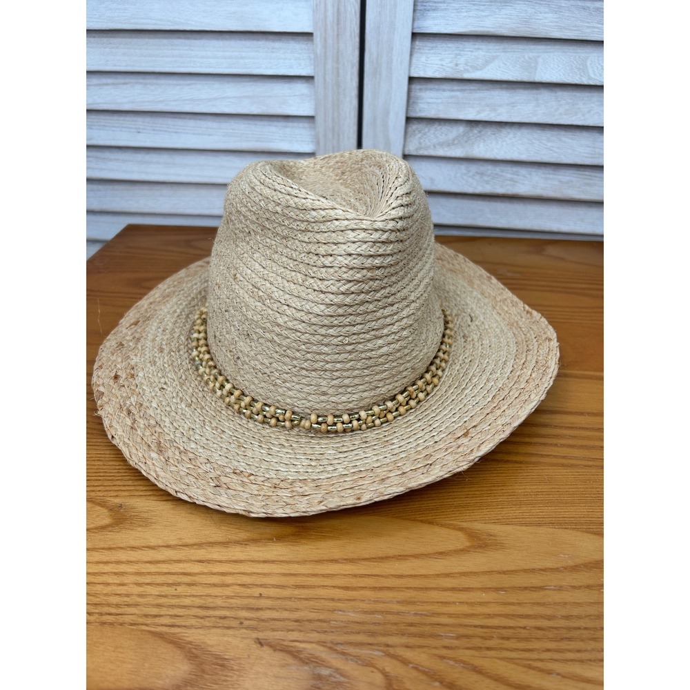 Hat Attack Straw Fedora O/S Natural Womens Beaded Summer Beach Sun Hat
